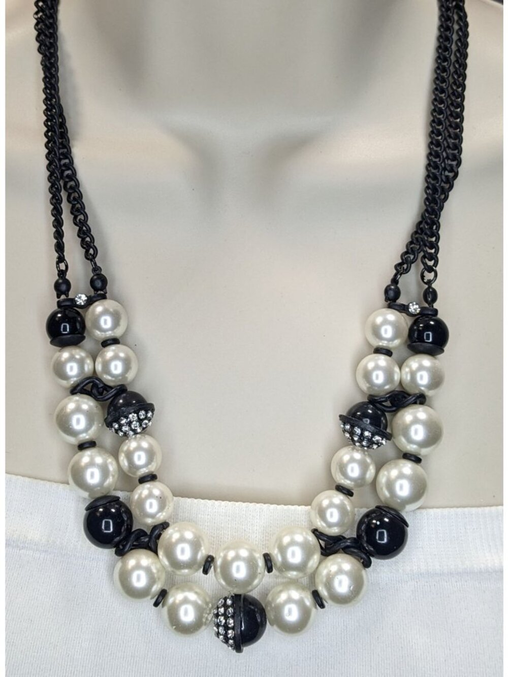 Glam Goth Black & Pearl Rhinestone Multi Strand Statement Necklace Chunky Y2K St